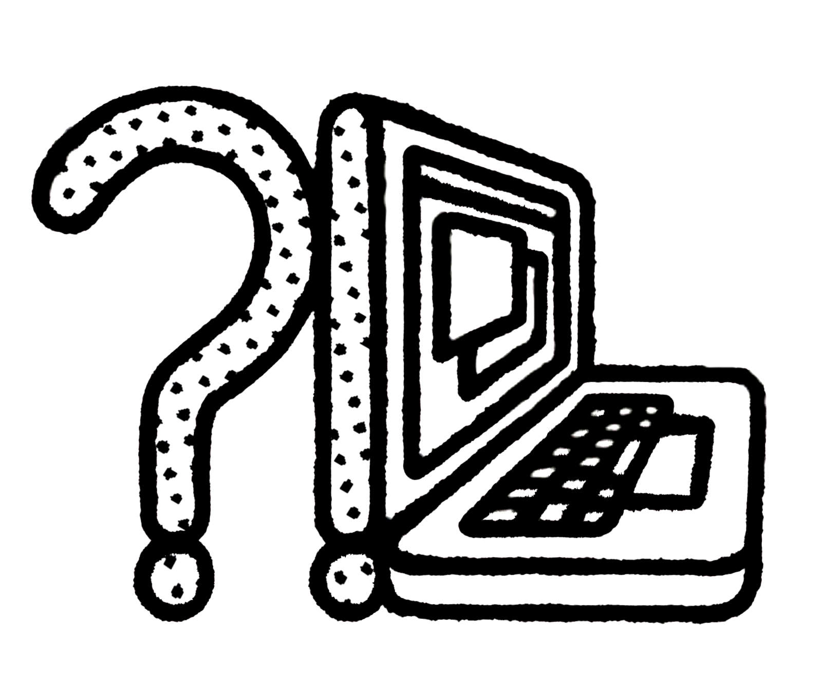 Question mark and exclamation forming a laptop